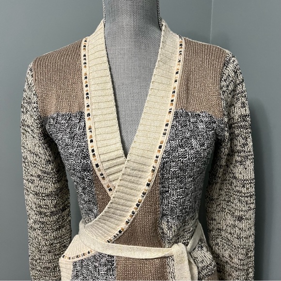 DESIGUAL sz small metallic knit embroidered long sleeve belted cardigan sweater - Picture 6 of 17
